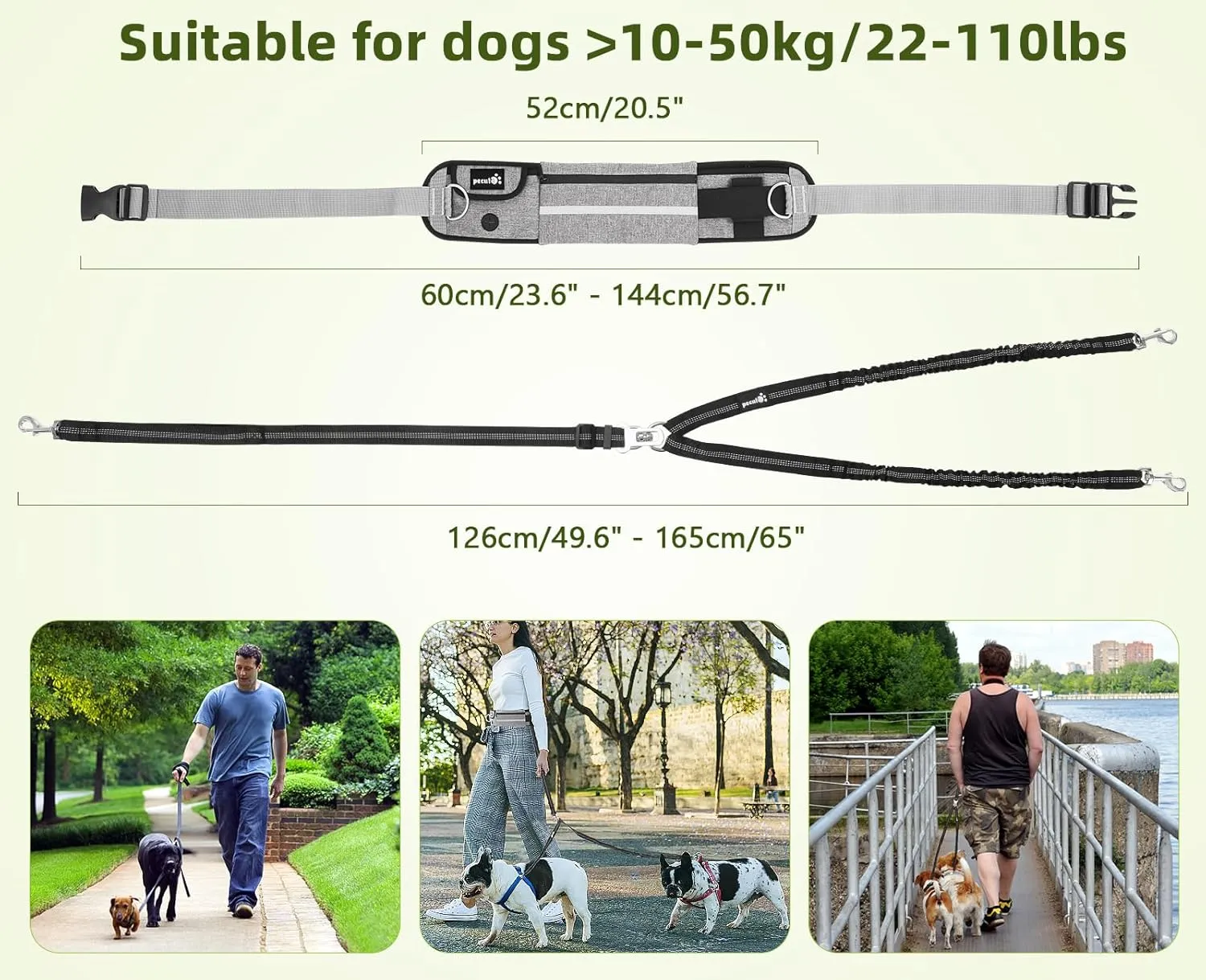 Pecute Hands Free 2 Dogs Waist Belt Fanny Pack with Soft Padded, Dual Dog Leash with Pouch, 3 Padded Handles, Durable Bungee, Double Leash for Running Walking Hiking Jogging Biking