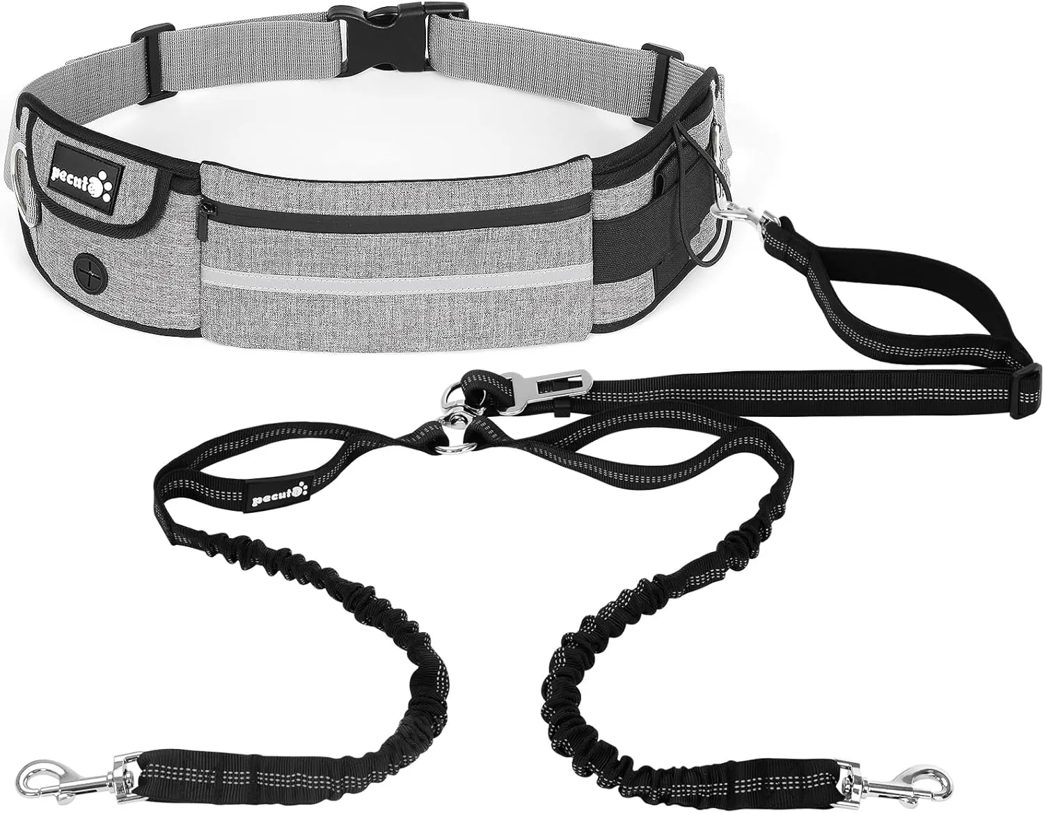 Pecute Hands Free 2 Dogs Waist Belt Fanny Pack with Soft Padded, Dual Dog Leash with Pouch, 3 Padded Handles, Durable Bungee, Double Leash for Running Walking Hiking Jogging Biking