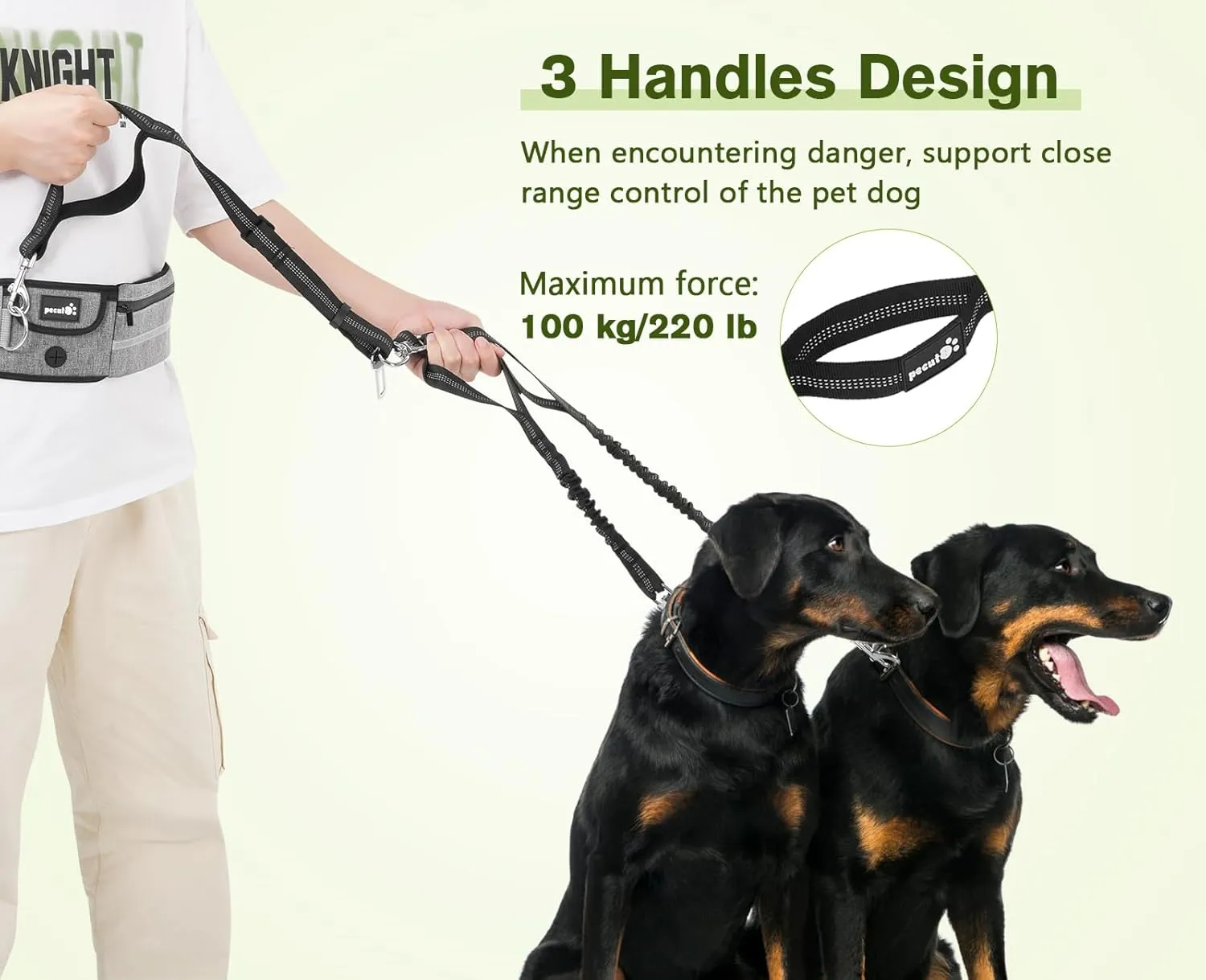 Pecute Hands Free 2 Dogs Waist Belt Fanny Pack with Soft Padded, Dual Dog Leash with Pouch, 3 Padded Handles, Durable Bungee, Double Leash for Running Walking Hiking Jogging Biking