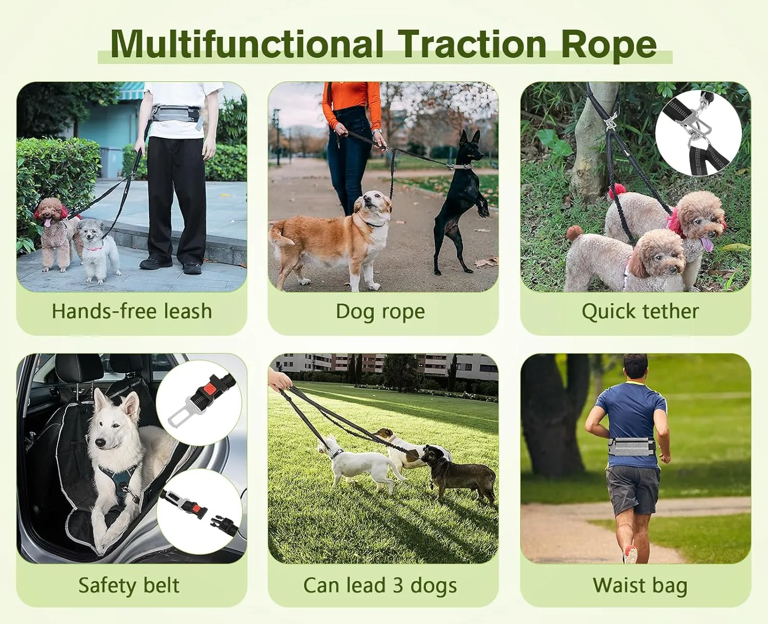 Pecute Hands Free 2 Dogs Waist Belt Fanny Pack with Soft Padded, Dual Dog Leash with Pouch, 3 Padded Handles, Durable Bungee, Double Leash for Running Walking Hiking Jogging Biking