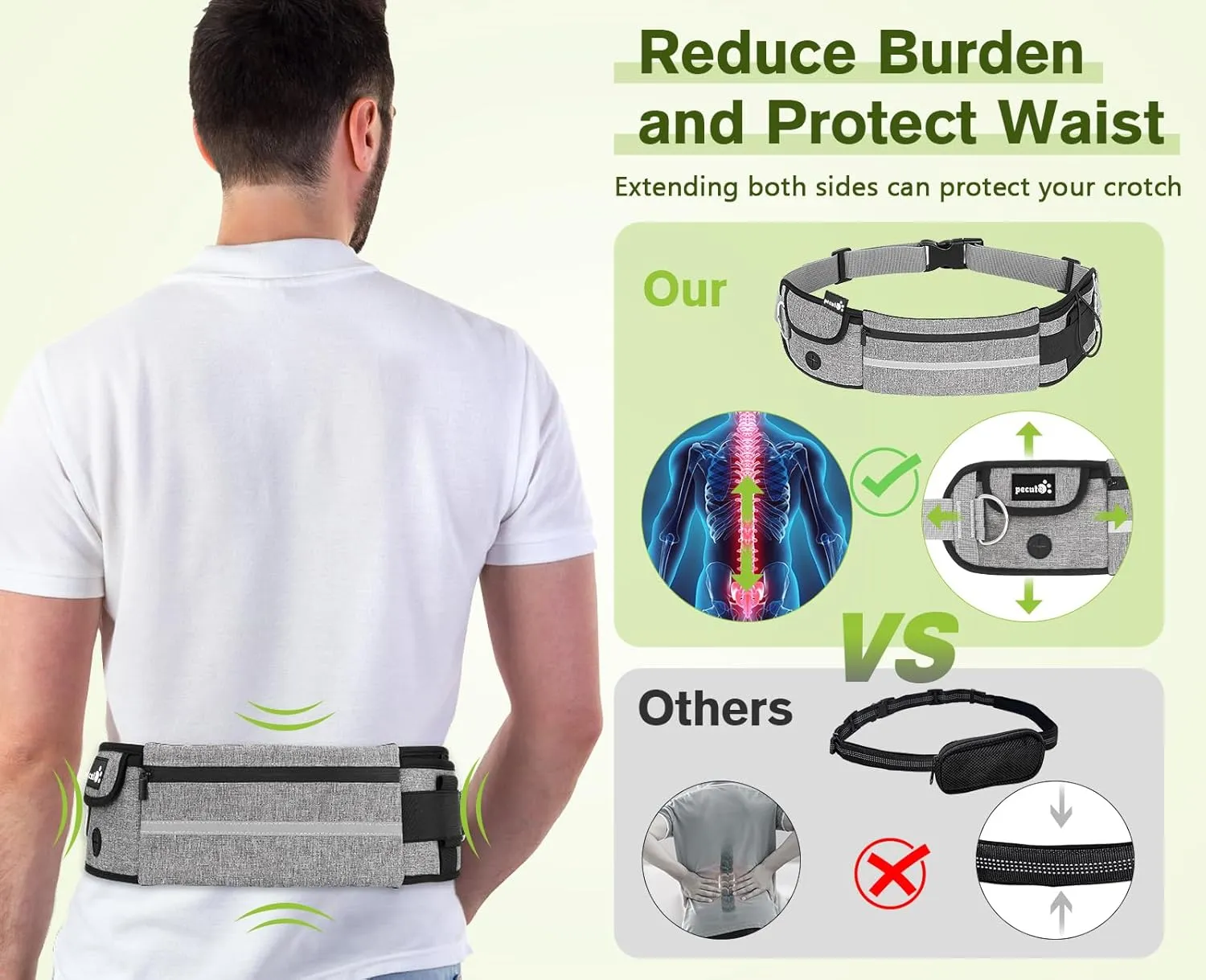 Pecute Hands Free 2 Dogs Waist Belt Fanny Pack with Soft Padded, Dual Dog Leash with Pouch, 3 Padded Handles, Durable Bungee, Double Leash for Running Walking Hiking Jogging Biking