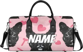 Personalized Cute French Bulldog Travel Duffel Bag with Name, Custom Gym Sport Bag Pink Heart Carry On Weekend Overnight Duffel Bag for Men Women