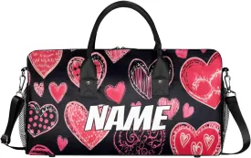 Personalized Pink Heart Travel Duffel Bag with Name, Custom Gym Sport Bag Valentines Day Carry On Weekend Overnight Duffel Bag for Men Women