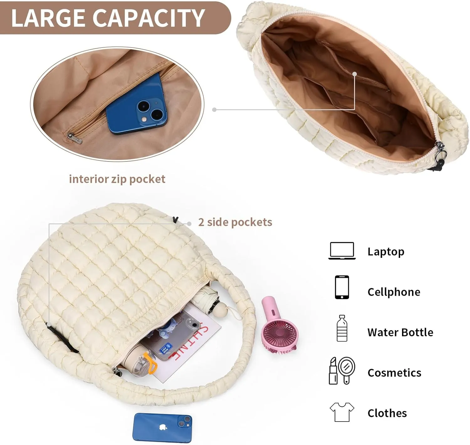 Puffer Tote Bag for Women Large Quilted Carryall Bag Soft Puffy Crossbody Lightweight Shoulder Handbags Work Travel