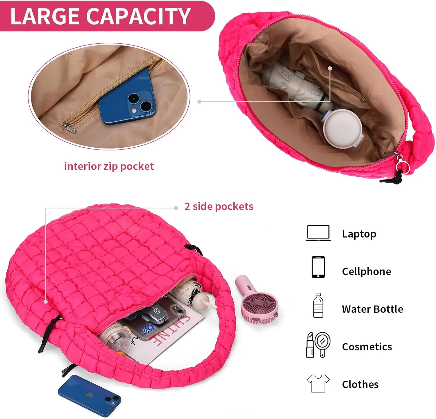Puffer Tote Bag for Women Large Quilted Carryall Bag Soft Puffy Crossbody Lightweight Shoulder Handbags Work Travel