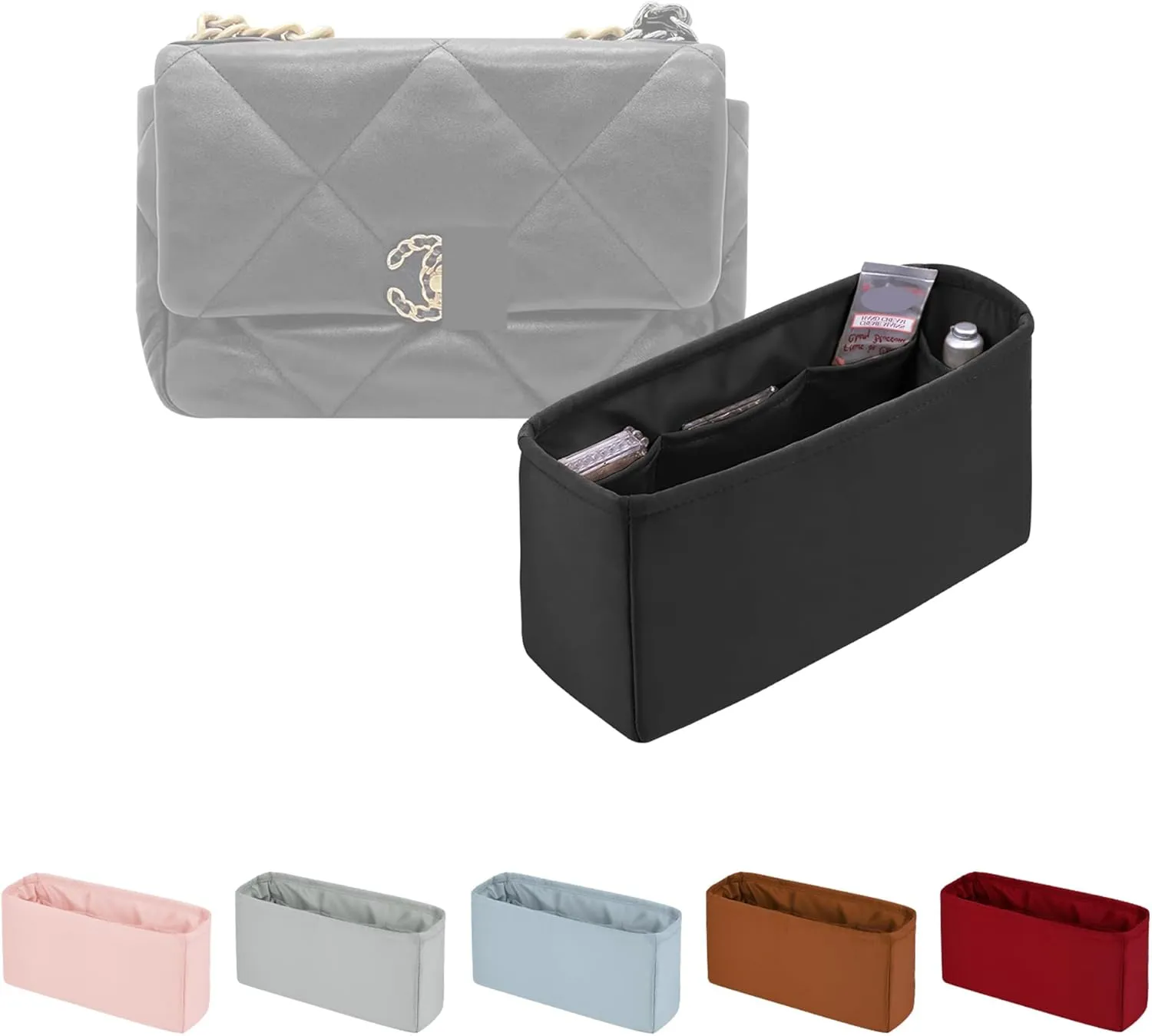 Purse Organizer Insert for 19 Handbag, Satin Bag Insert Compatible with Chanel, Lightweight and Soft Touch Inner Bag for Women Luxury Handbags, Multicolor Options(Black, Jumbo30)
