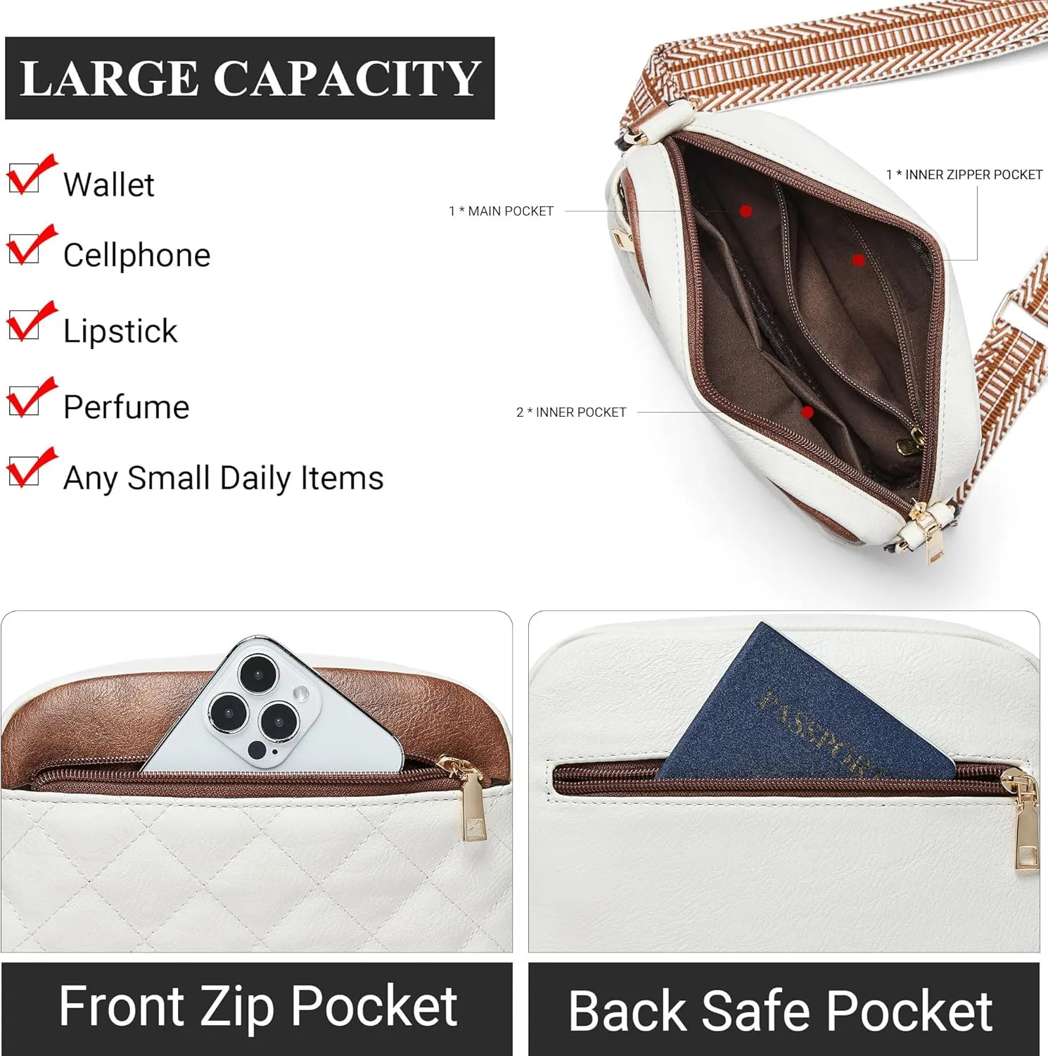 Quilted Crossbody Bags for Women 3-Pockets Crossbody Purses Vegan Leather Shoulder Handbags with Wide Strap