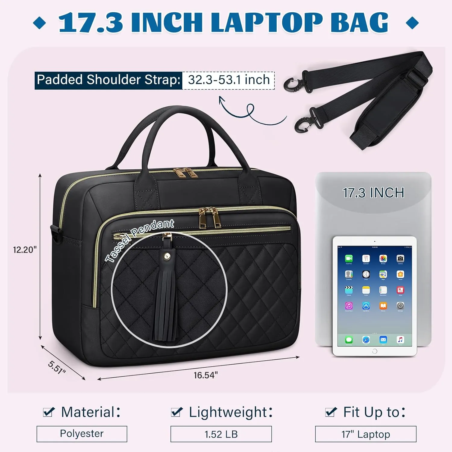 RAINSMORE Laptop Bag 17.3 Inch Briefcase for Women Waterproof Computer Messenger Shoulder Bags Large Laptop Case for Work Business Office Travel College, Black
