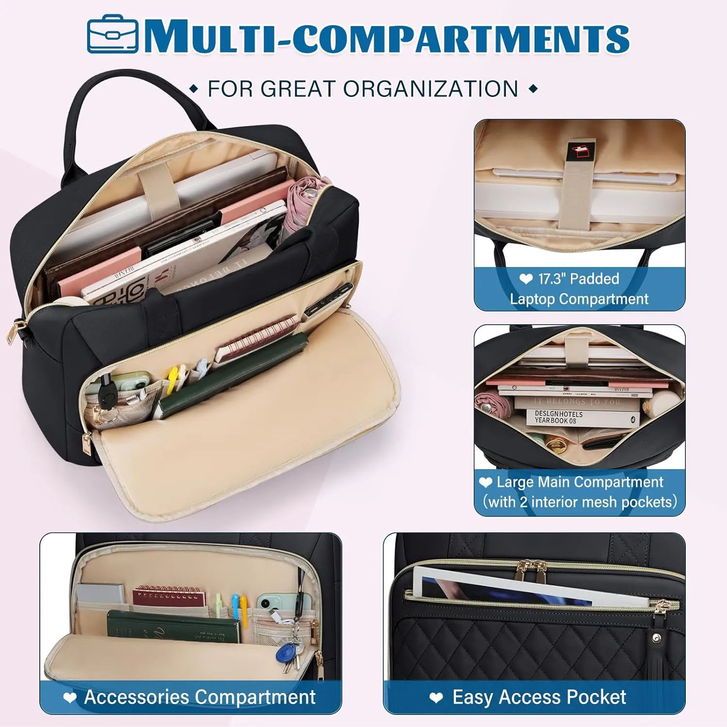 RAINSMORE Laptop Bag 17.3 Inch Briefcase for Women Waterproof Computer Messenger Shoulder Bags Large Laptop Case for Work Business Office Travel College, Black