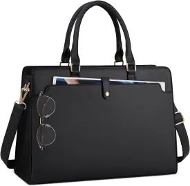 RAINSMORE Laptop Bag for Women 15.6 Inch Laptop Tote Bag Leather Work Bag Waterproof Womens Briefcase Business Office Computer Tote Bag Large Capacity Handbag Shoulder Bag Black