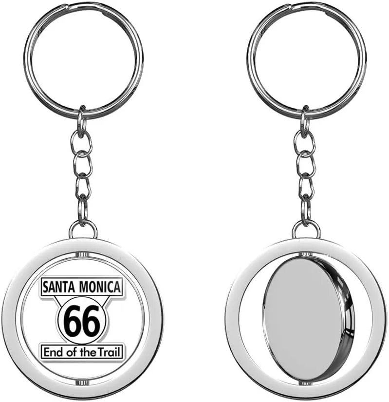 Santa Monica END of The Trail Route 66 Sign Shaped - Highway sm Keychain Spinning Round Chrome Metal Key Chain