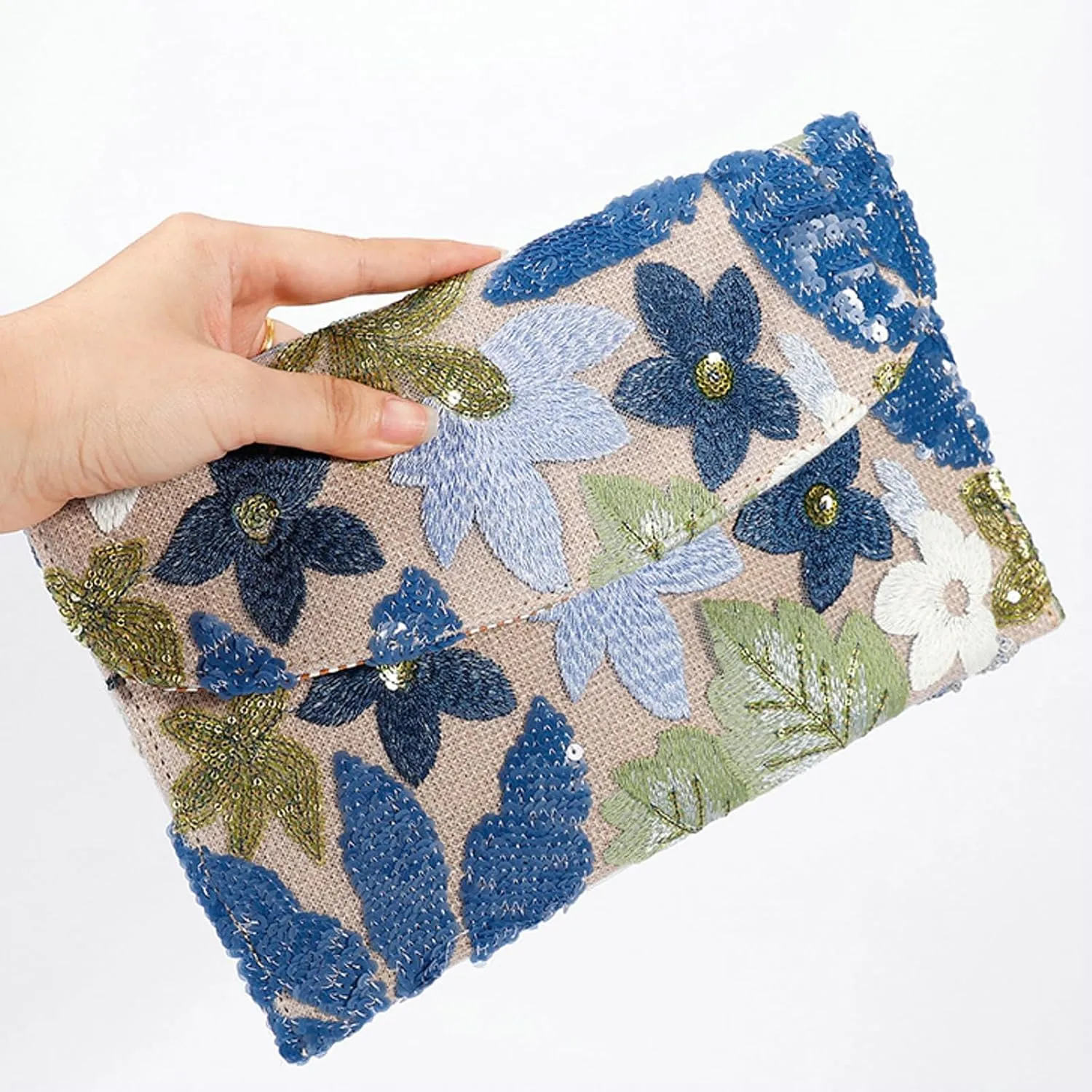 Sequin Embroidered Floral Clutch Purse Women Summer Beaded Blue Envelope Bag Wedding Evening Events Party
