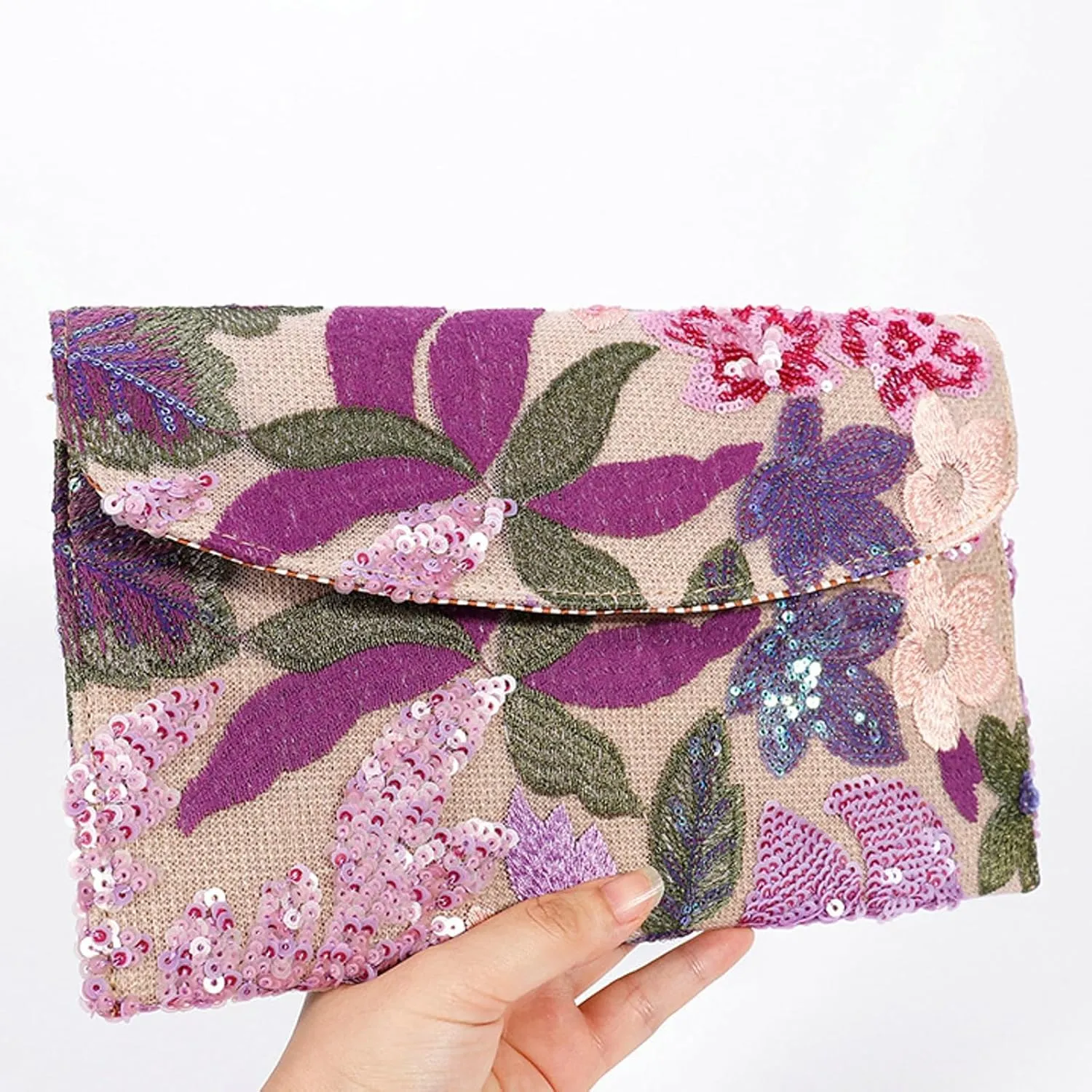 Sequin Embroidered Floral Clutch Purse Women Summer Beaded Blue Envelope Bag Wedding Evening Events Party