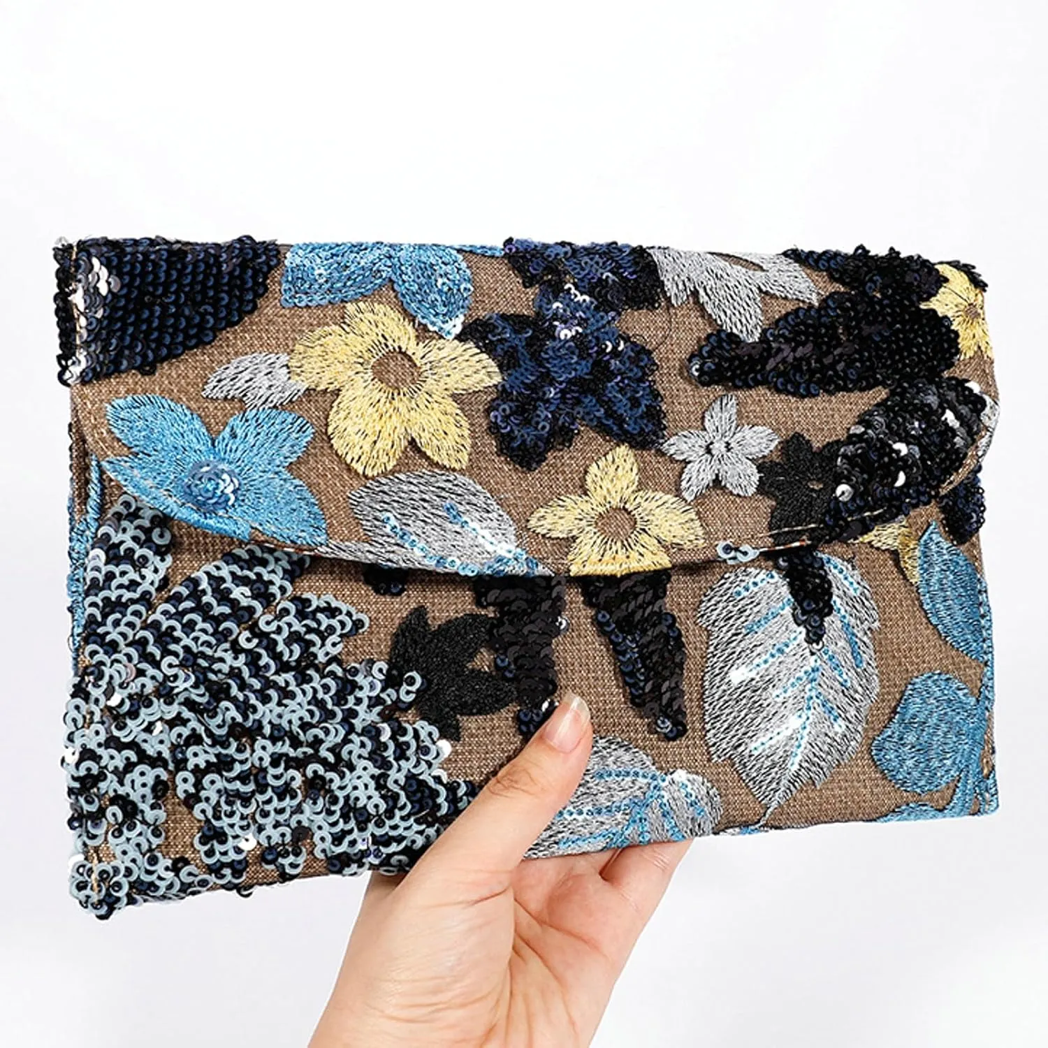 Sequin Embroidered Floral Clutch Purse Women Summer Beaded Blue Envelope Bag Wedding Evening Events Party