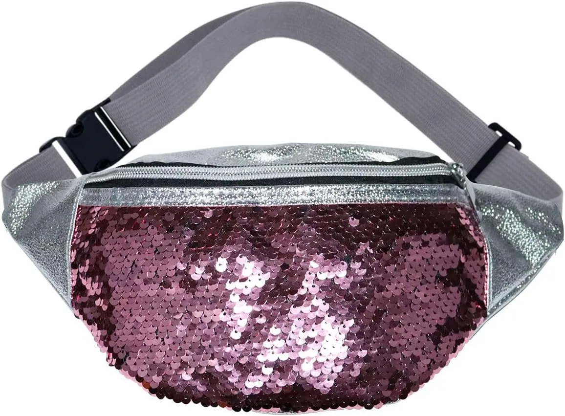 Sequin Fanny Pack with Adjustable Waist Straps, Fashion Waist Packs PU Leather Fanny Packs for Women with Multiple Styles for Running, Cycling, Hiking (Pink)