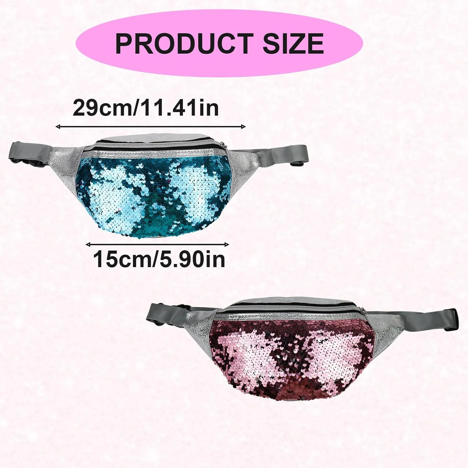 Sequin Fanny Pack with Adjustable Waist Straps, Fashion Waist Packs PU Leather Fanny Packs for Women with Multiple Styles for Running, Cycling, Hiking (Pink)