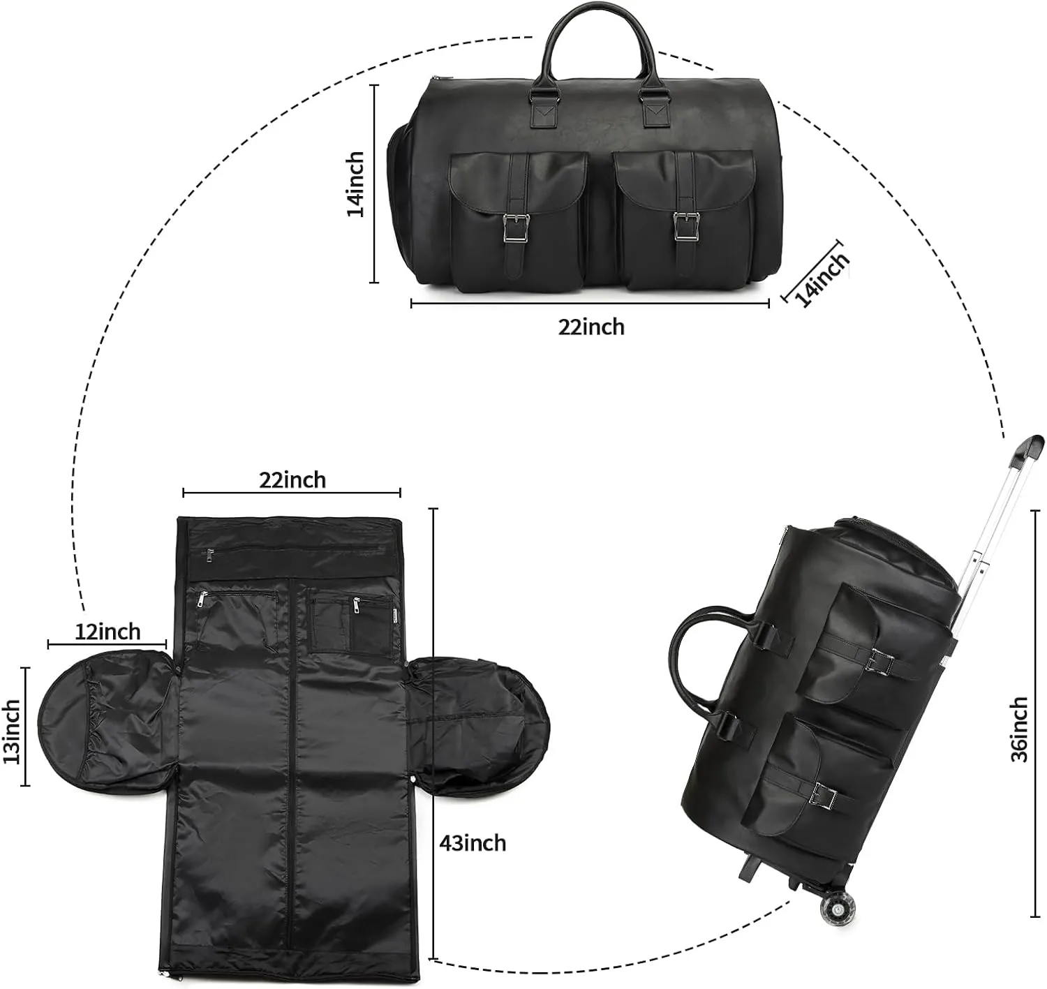 seyfocnia Rolling Garment Bags for Travel,Convertible Duffle Garment Bag Roller Bags for Travel Carry on Garment Bag with Wheels Luggage Rolling Weekender Roller Duffle Bags for Travel-Black