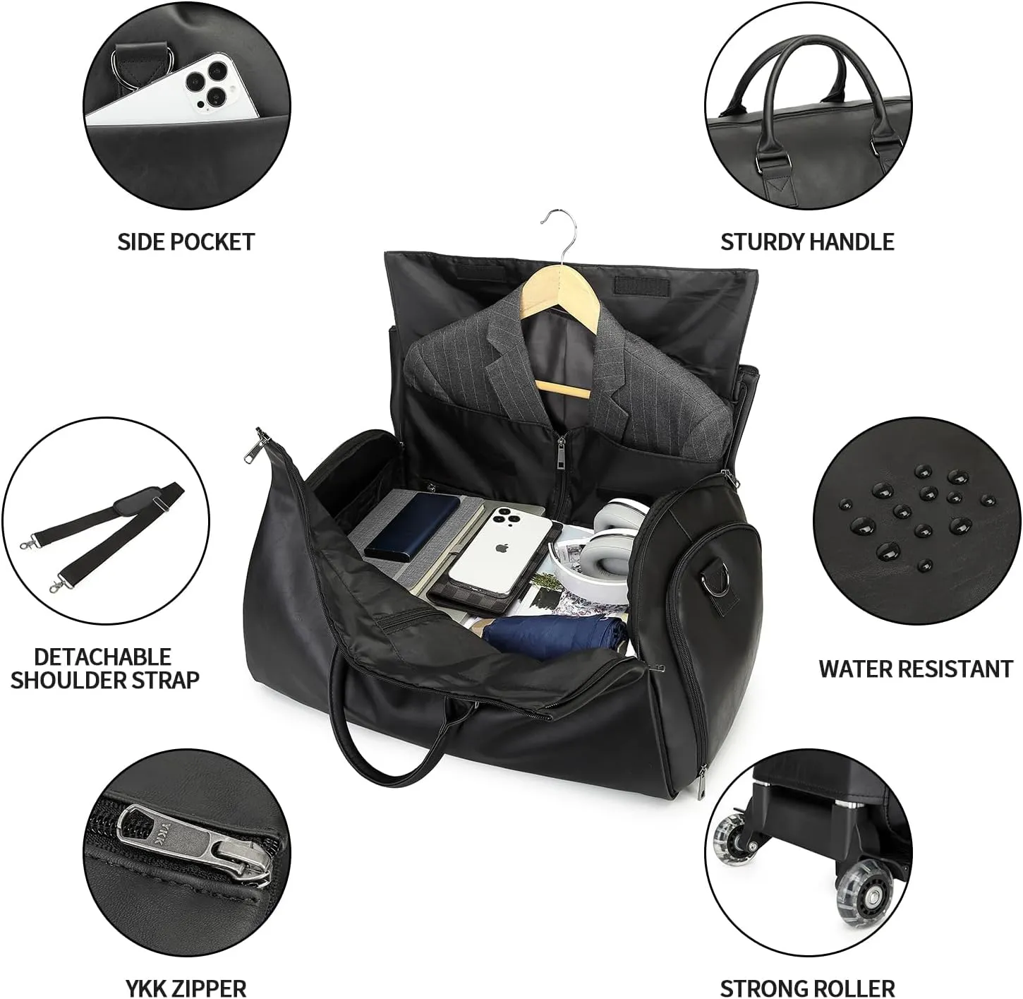 seyfocnia Rolling Garment Bags for Travel,Convertible Duffle Garment Bag Roller Bags for Travel Carry on Garment Bag with Wheels Luggage Rolling Weekender Roller Duffle Bags for Travel-Black