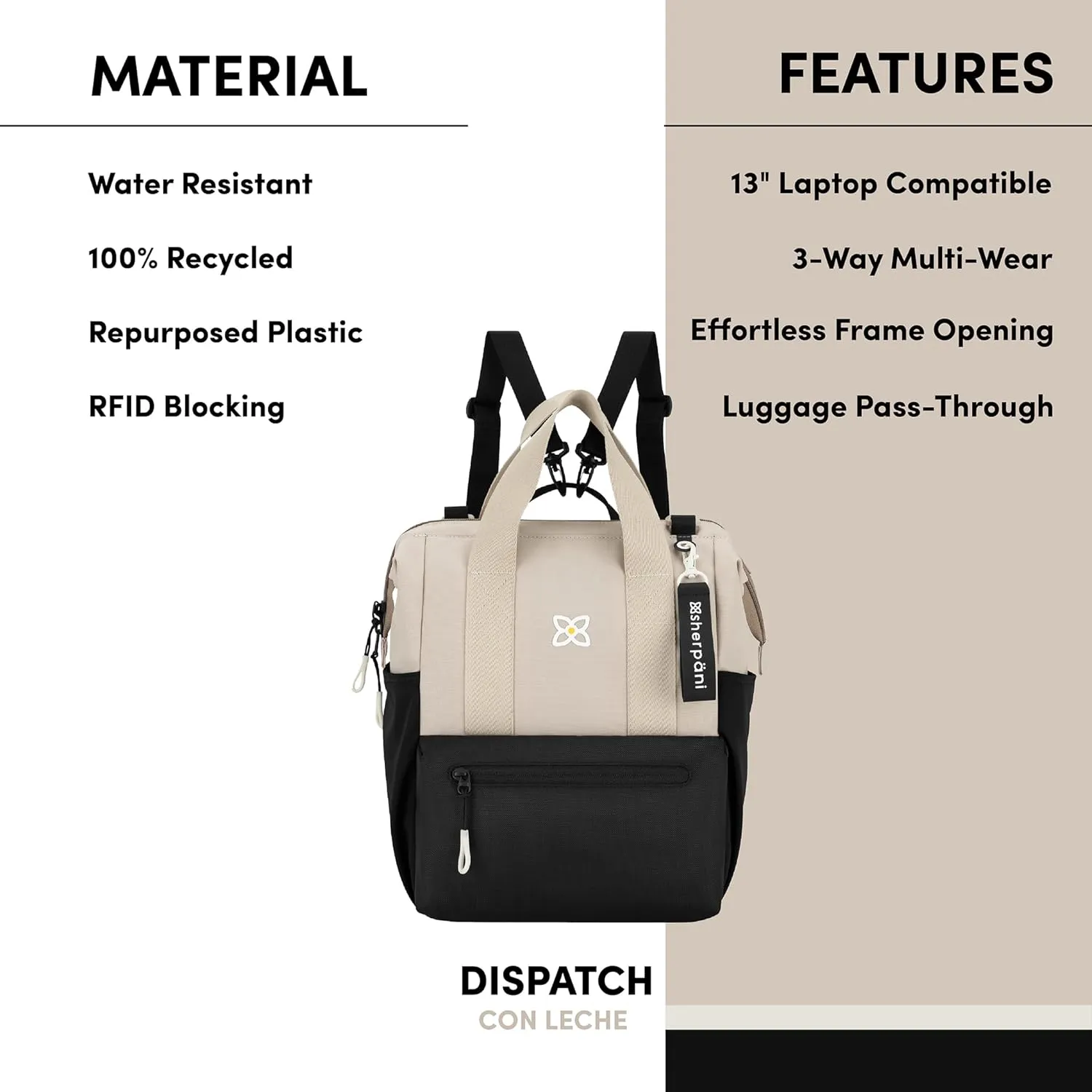 Sherpani Dispatch, Convertible Backpack, 3 in 1 Tote Bag, Women Crossbody Bag, Cross Body Purse, 14L Travel Backpack, Travel Gifts for Mothers Day 2025, RFID Protection, Fits 13 Laptop (Con Leche)
