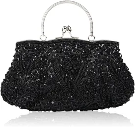 Simcat Beaded Sequin Flower Evening Purse Large Clutch Bag