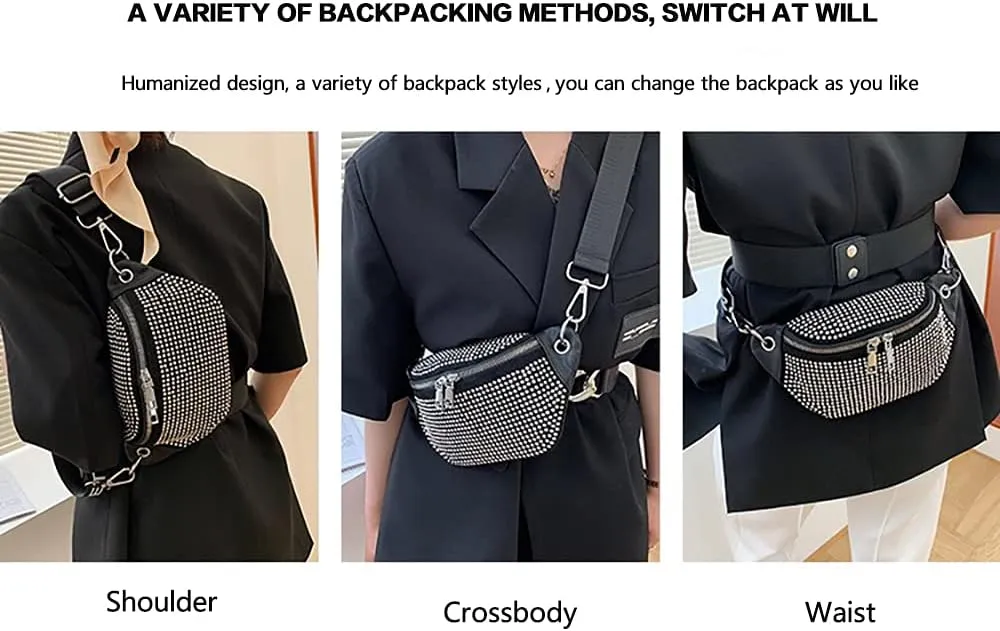 Sparkly Rhinestone Fanny Pack,Leather Waist Packs,Adjustable Belt Bag for Women Club Party Beach Travel (Silver)