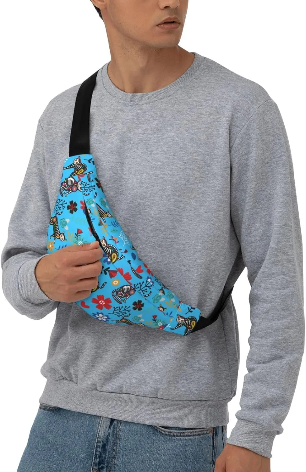 Sugar Skull Cat Flower Pattern Waist Bag Gifts Men Fanny Pack Adjustable Strap And Headphone Jack Hip Bum Bag