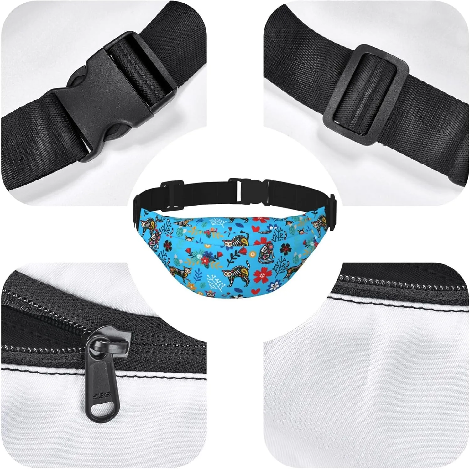 Sugar Skull Cat Flower Pattern Waist Bag Gifts Men Fanny Pack Adjustable Strap And Headphone Jack Hip Bum Bag