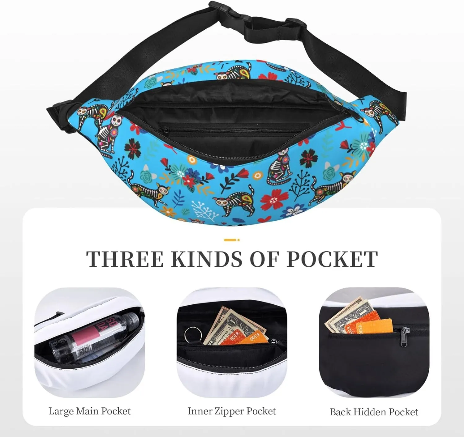 Sugar Skull Cat Flower Pattern Waist Bag Gifts Men Fanny Pack Adjustable Strap And Headphone Jack Hip Bum Bag