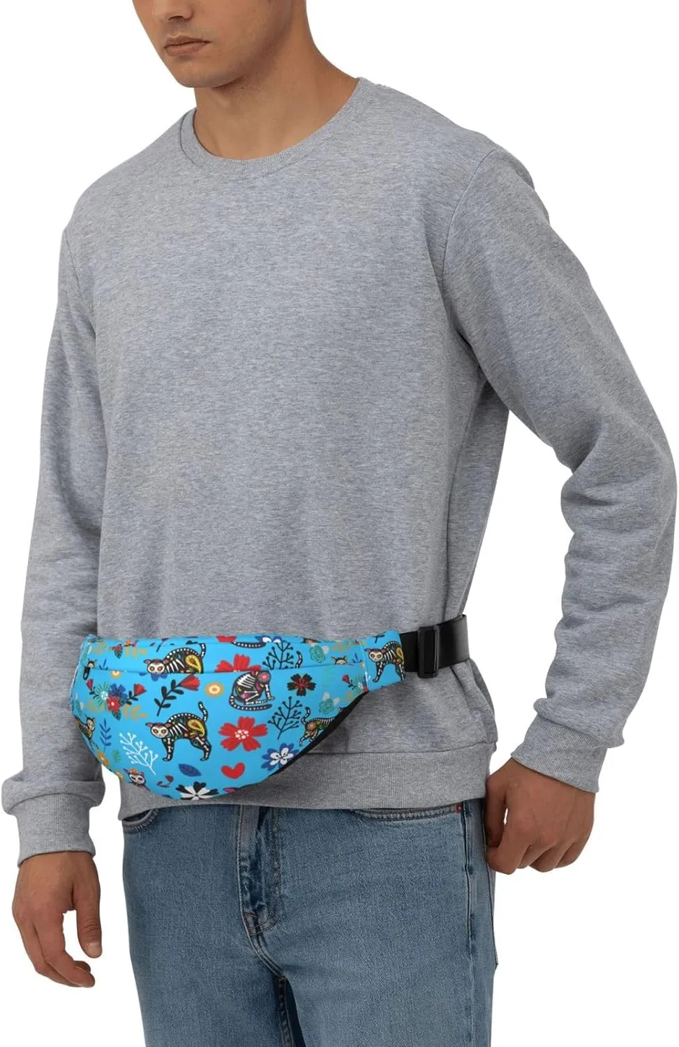 Sugar Skull Cat Flower Pattern Waist Bag Gifts Men Fanny Pack Adjustable Strap And Headphone Jack Hip Bum Bag