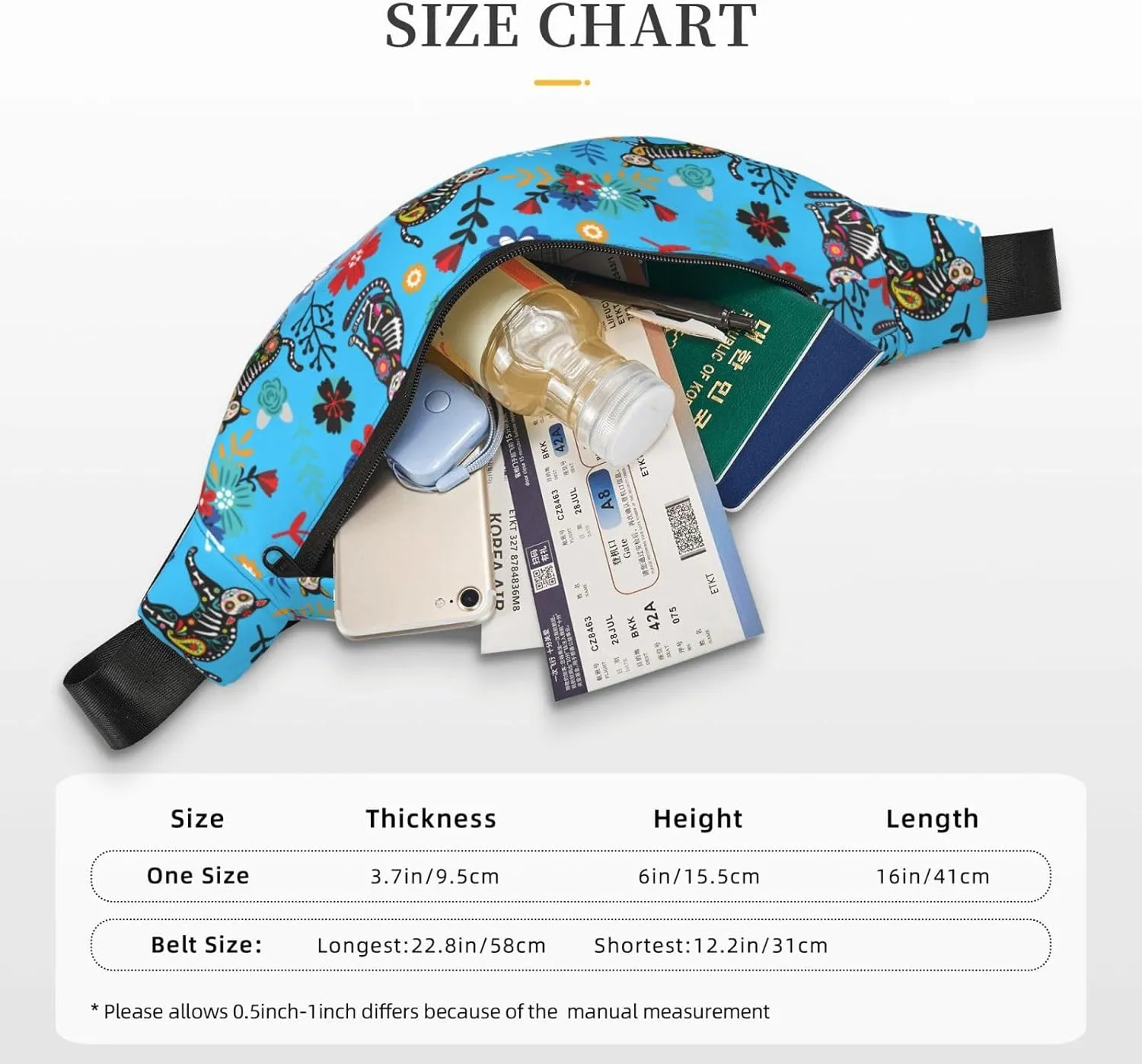 Sugar Skull Cat Flower Pattern Waist Bag Gifts Men Fanny Pack Adjustable Strap And Headphone Jack Hip Bum Bag
