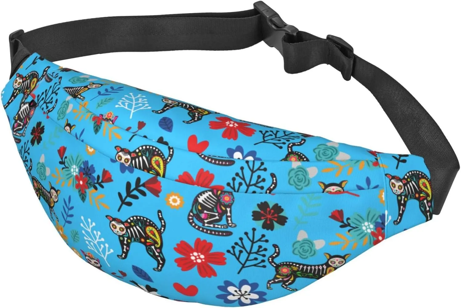 Sugar Skull Cat Flower Pattern Waist Bag Gifts Men Fanny Pack Adjustable Strap And Headphone Jack Hip Bum Bag