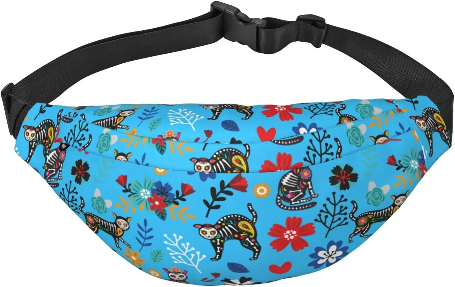 Sugar Skull Cat Flower Pattern Waist Bag Gifts Men Fanny Pack Adjustable Strap And Headphone Jack Hip Bum Bag
