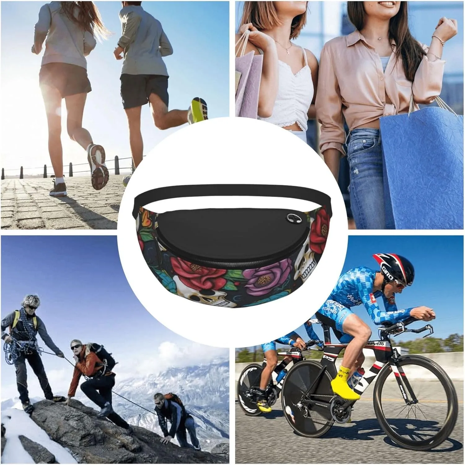Sugar skull flowers Fanny Pack for Women Men Fashion Waist Pack Adjustable Belt Bag for Workout Running Travelling Casual Waist Bag