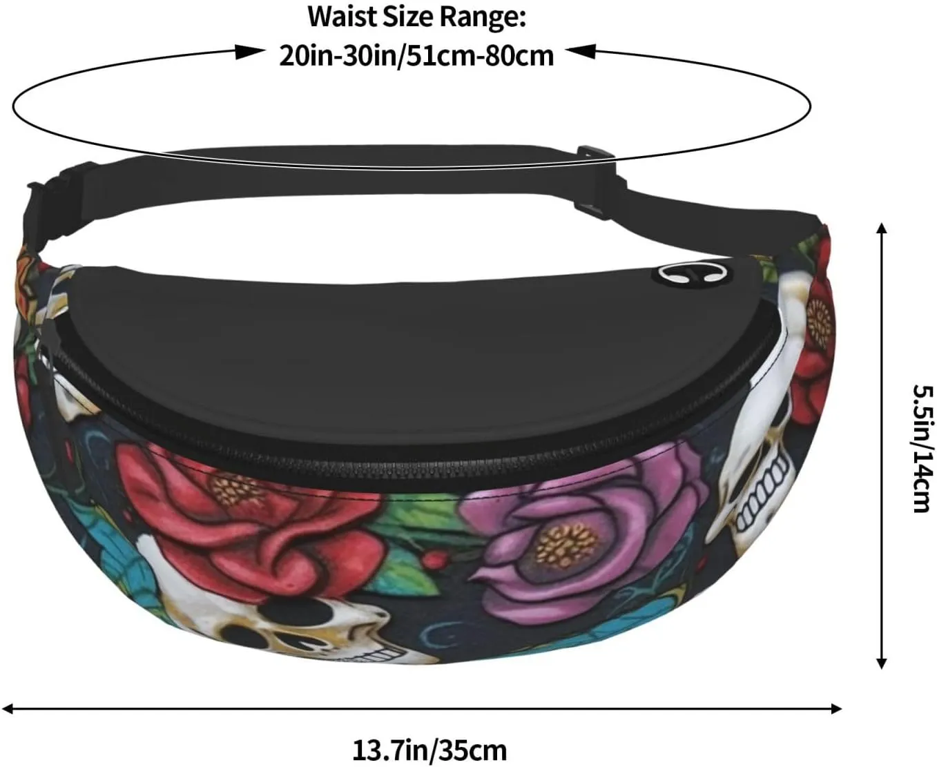Sugar skull flowers Fanny Pack for Women Men Fashion Waist Pack Adjustable Belt Bag for Workout Running Travelling Casual Waist Bag