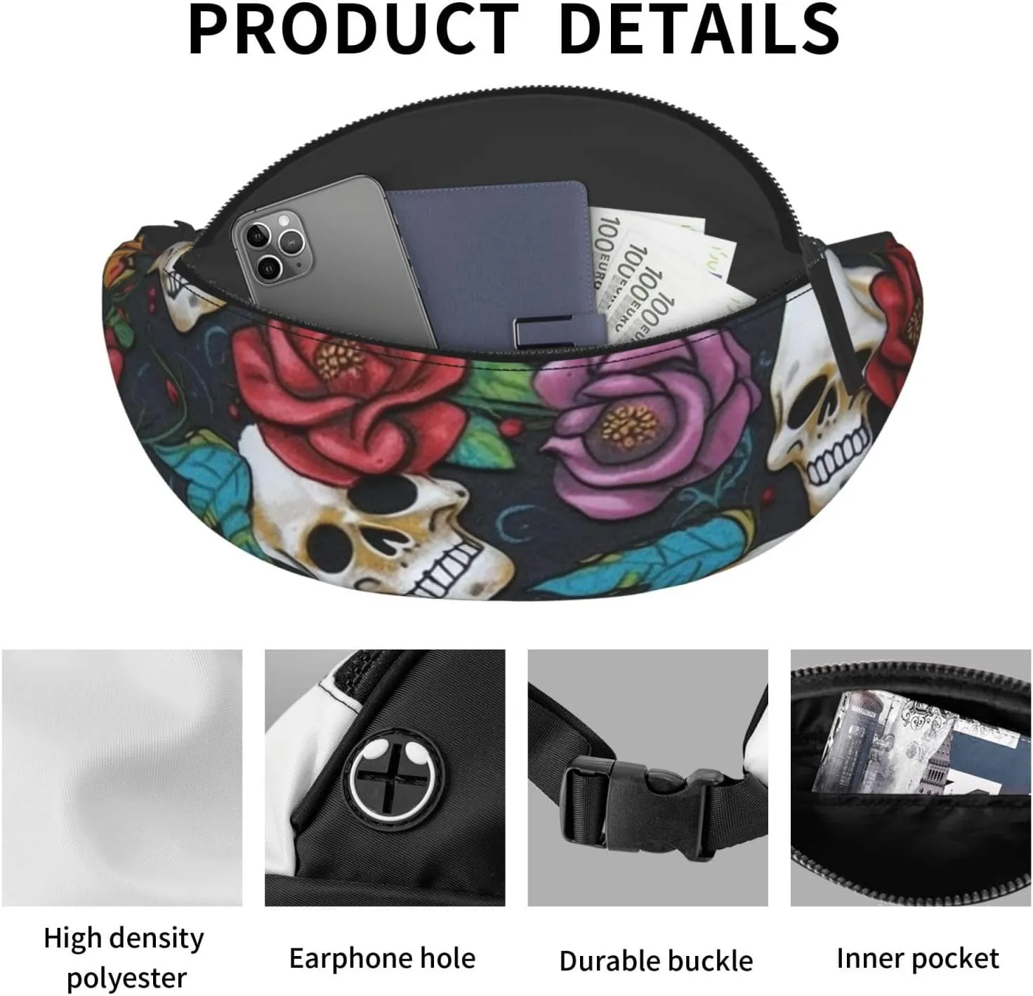 Sugar skull flowers Fanny Pack for Women Men Fashion Waist Pack Adjustable Belt Bag for Workout Running Travelling Casual Waist Bag