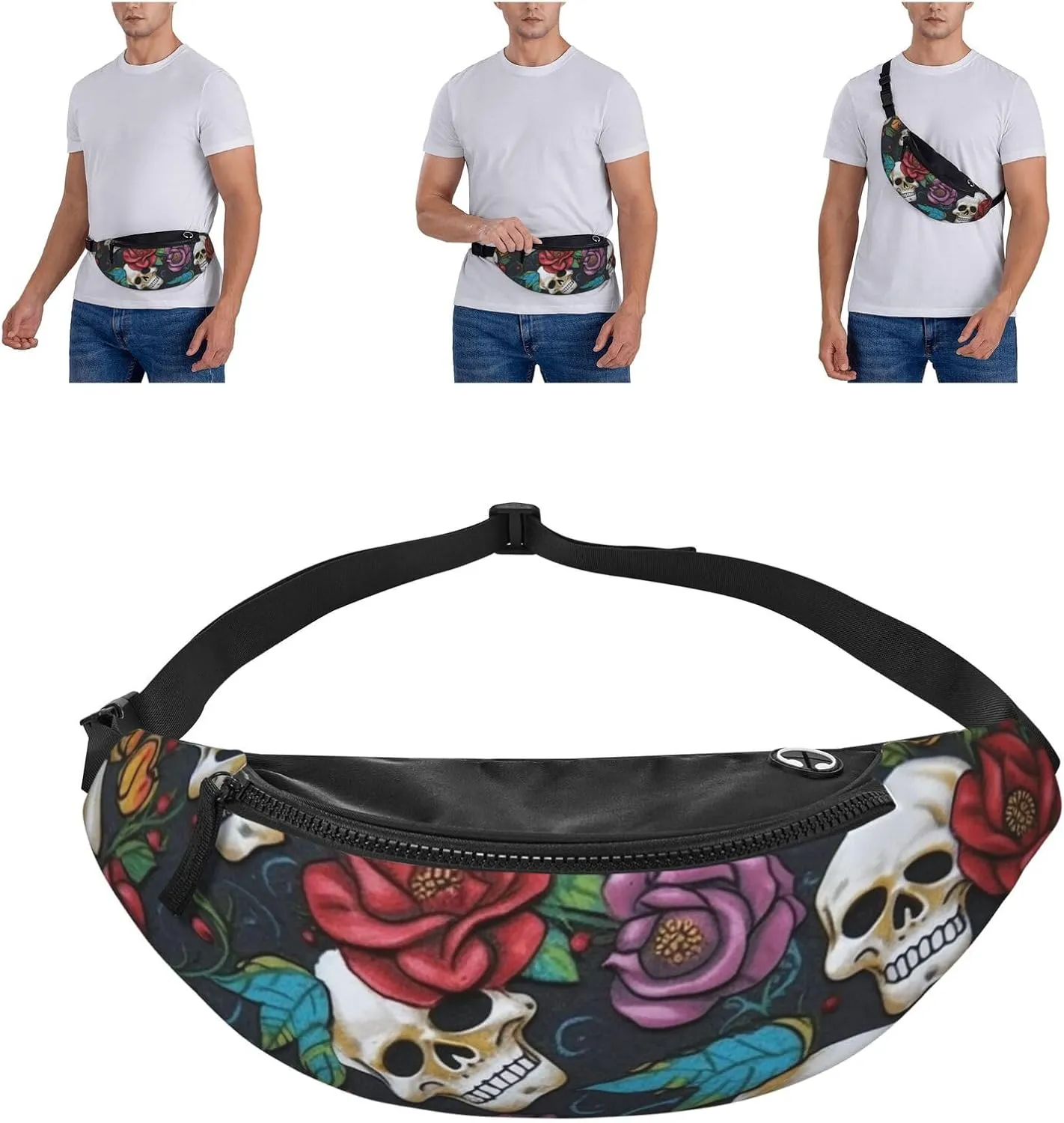 Sugar skull flowers Fanny Pack for Women Men Fashion Waist Pack Adjustable Belt Bag for Workout Running Travelling Casual Waist Bag