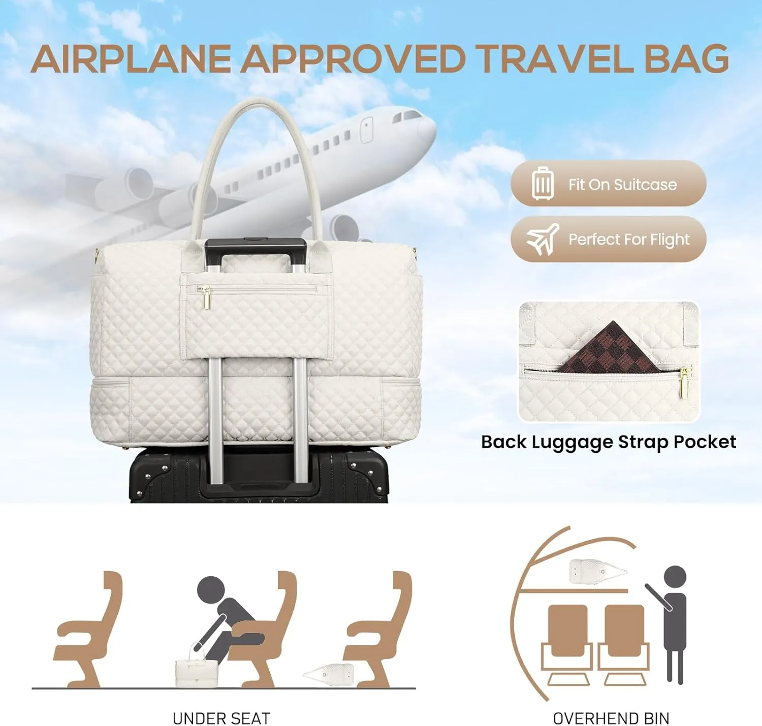Travel Overnight Bag Weekender Bags - Duffle Bag Women with Shoe Compartment Carry On Overnight Bag with Toiletry Bag Duffel Bags with Wet Pocket for Gym Hospital Bags for Labor and Delivery Beige