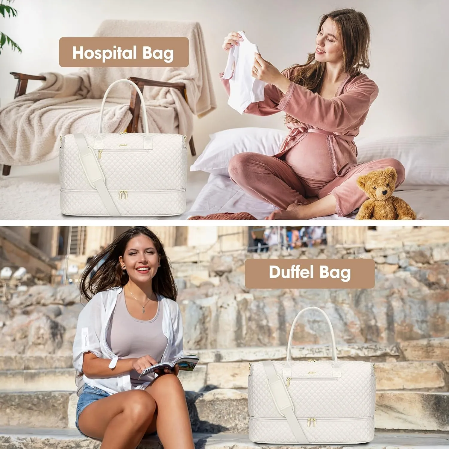 Travel Overnight Bag Weekender Bags - Duffle Bag Women with Shoe Compartment Carry On Overnight Bag with Toiletry Bag Duffel Bags with Wet Pocket for Gym Hospital Bags for Labor and Delivery Beige