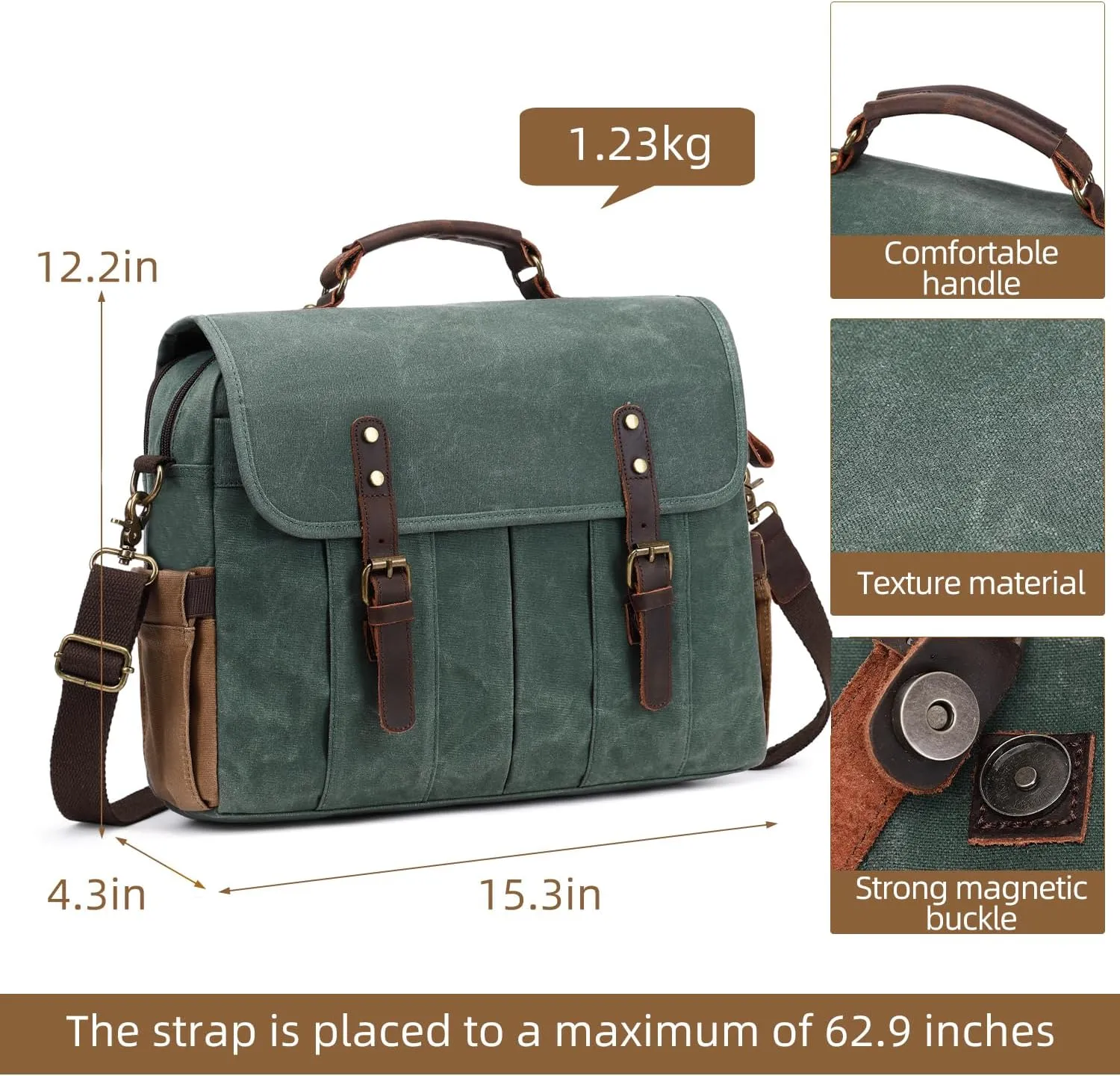 Vintage Mens Messenger Bag 15.6 inches Waterproof Genuine Leather Waxed Canvas Satchel Shoulder Bag Briefcase Laptop Bag with Charging,Headset Port,Dark Green