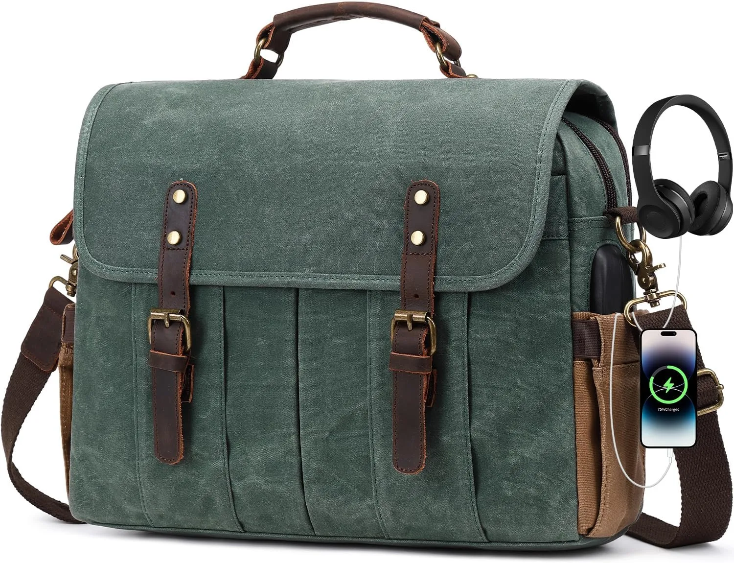 Vintage Mens Messenger Bag 15.6 inches Waterproof Genuine Leather Waxed Canvas Satchel Shoulder Bag Briefcase Laptop Bag with Charging,Headset Port,Dark Green