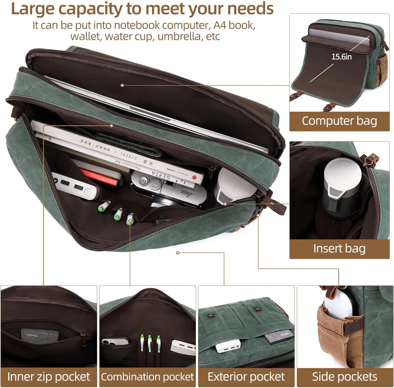 Vintage Mens Messenger Bag 15.6 inches Waterproof Genuine Leather Waxed Canvas Satchel Shoulder Bag Briefcase Laptop Bag with Charging,Headset Port,Dark Green