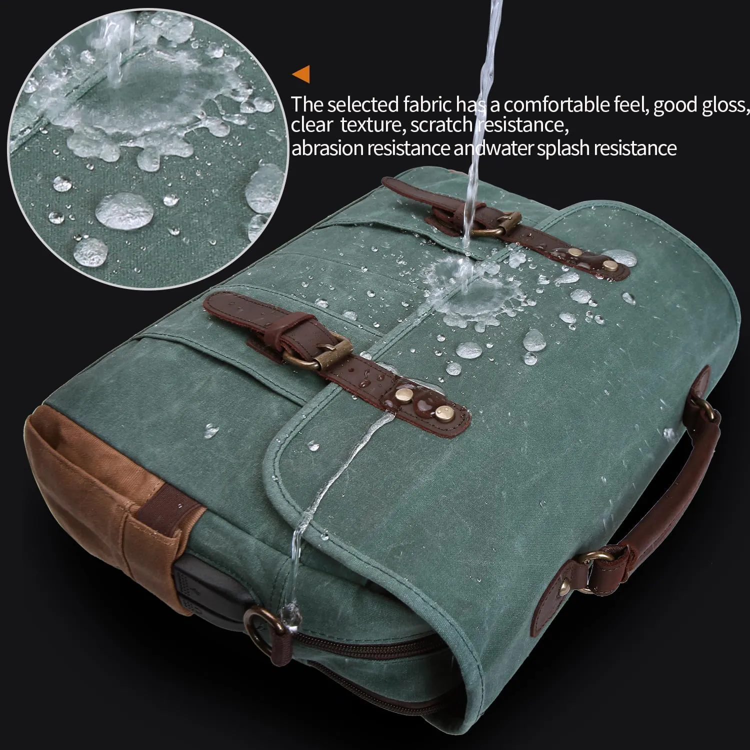 Vintage Mens Messenger Bag 15.6 inches Waterproof Genuine Leather Waxed Canvas Satchel Shoulder Bag Briefcase Laptop Bag with Charging,Headset Port,Dark Green