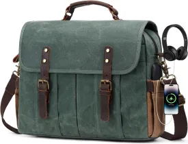Vintage Mens Messenger Bag 15.6 inches Waterproof Genuine Leather Waxed Canvas Satchel Shoulder Bag Briefcase Laptop Bag with Charging,Headset Port,Dark Green