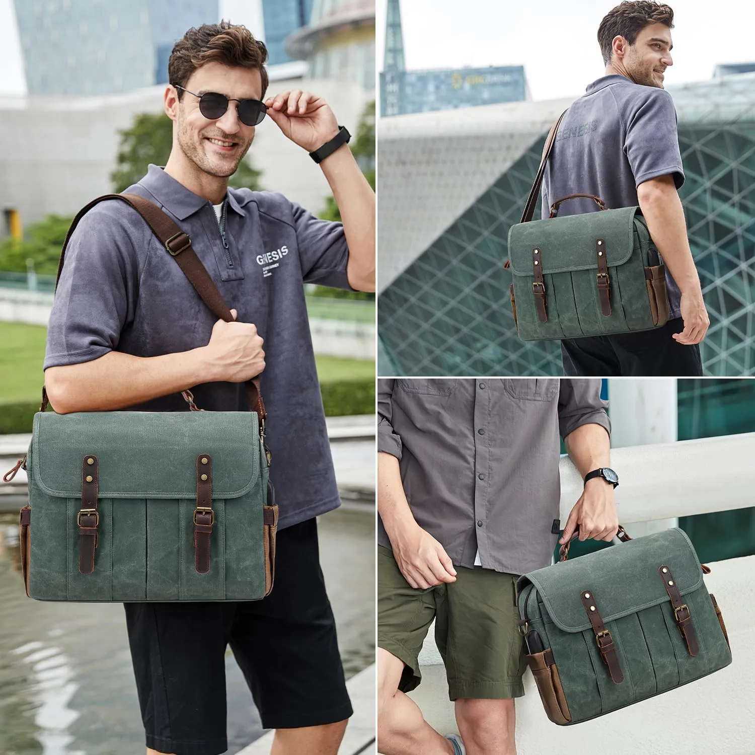 Vintage Mens Messenger Bag 15.6 inches Waterproof Genuine Leather Waxed Canvas Satchel Shoulder Bag Briefcase Laptop Bag with Charging,Headset Port,Dark Green