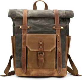 Waxed Canvas Leather Hiking Travel Waterproof Backpack for College Weekend Travel Fit 15in laptops (Classic Army Green)