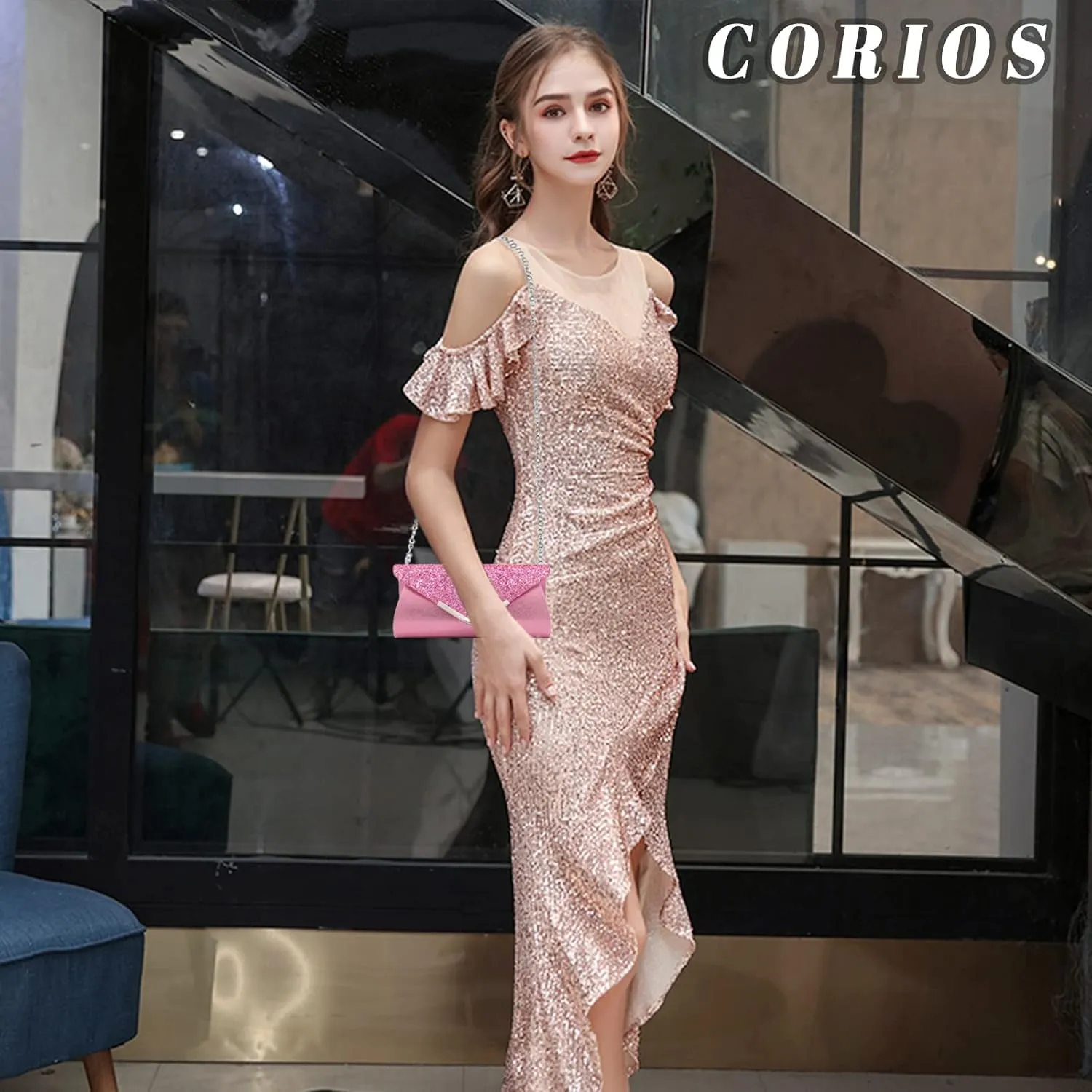 Women Envelope Clutch Bag Sequins Evening Bag Shiny Handbag with Detachable Chain Bridal Wedding Purse